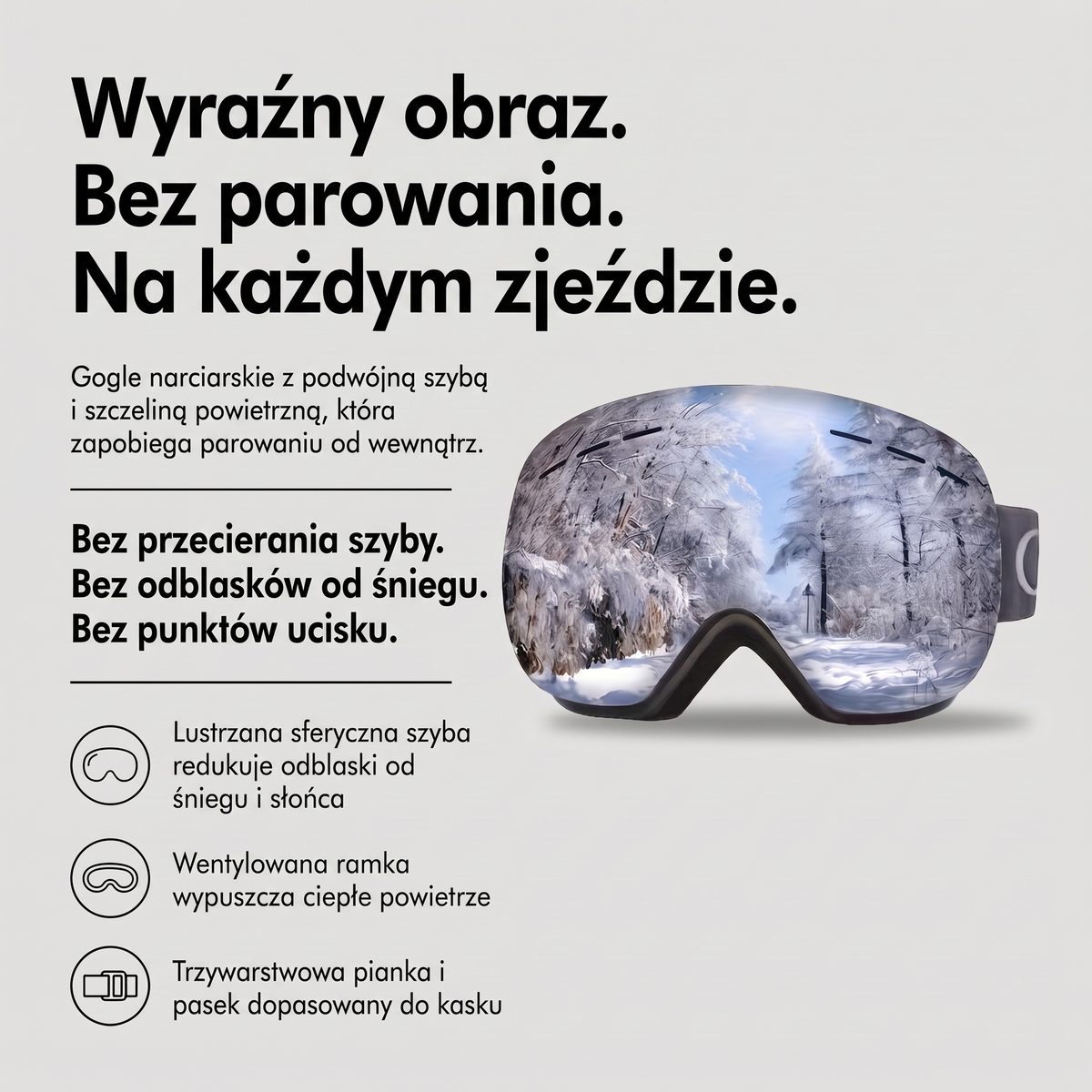 Gogle narciarskie antyparowe lustrzane - infografika z zaletami