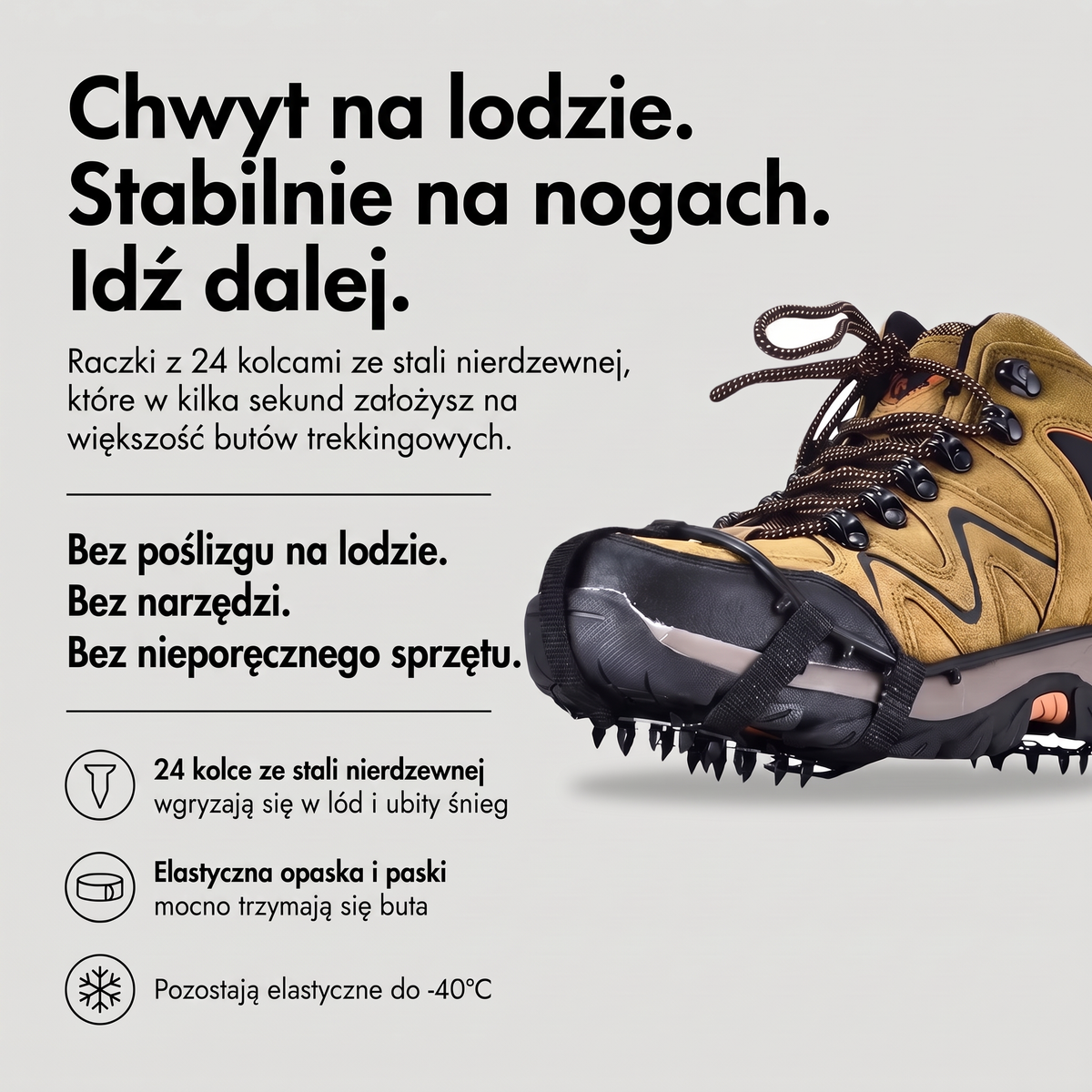 Raczki na buty 24 kolce - infografika: 24 kolce ze stali nierdzewnej, elastyczna opaska
