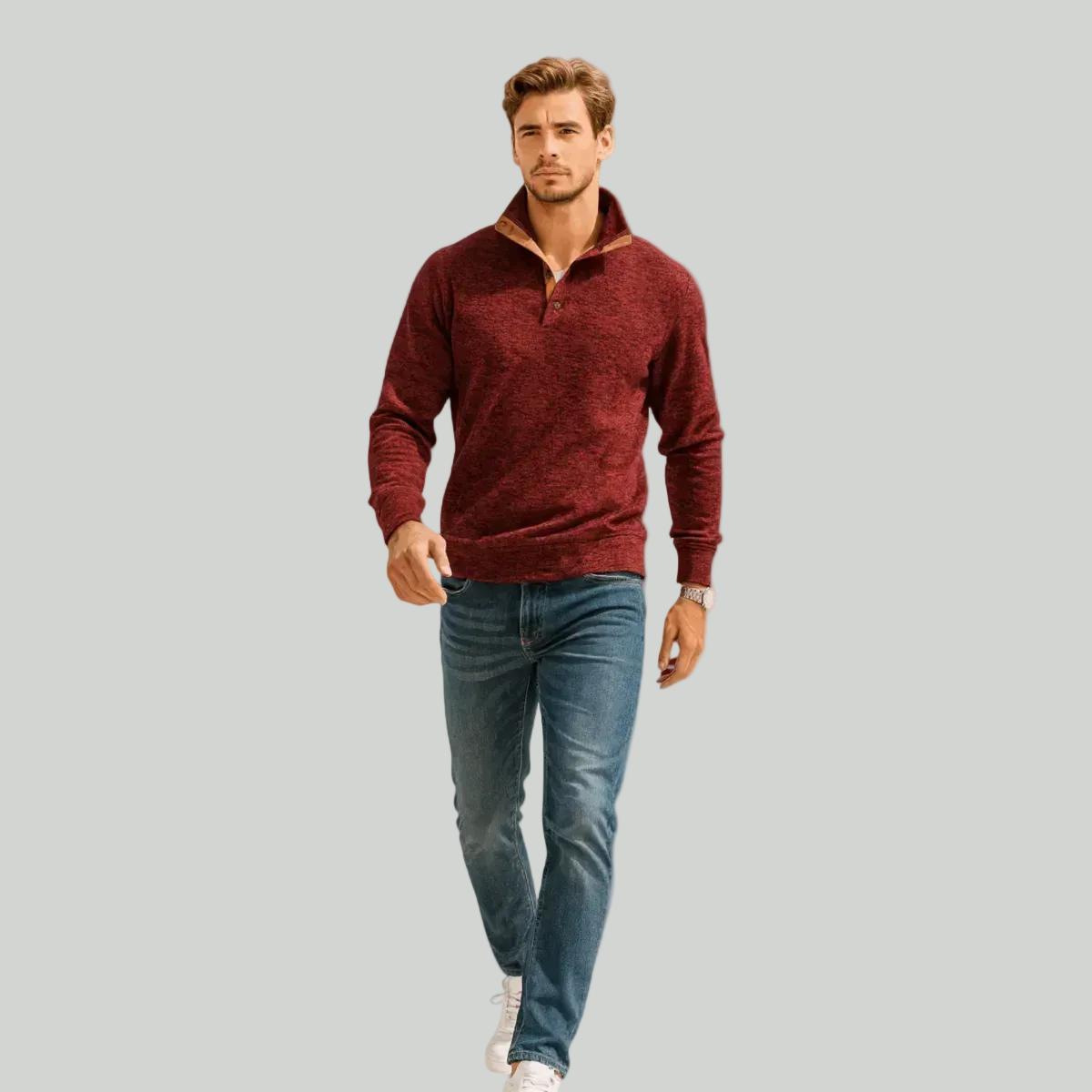 Męski dzianinowy sweter outdoorowy – model ze stójką