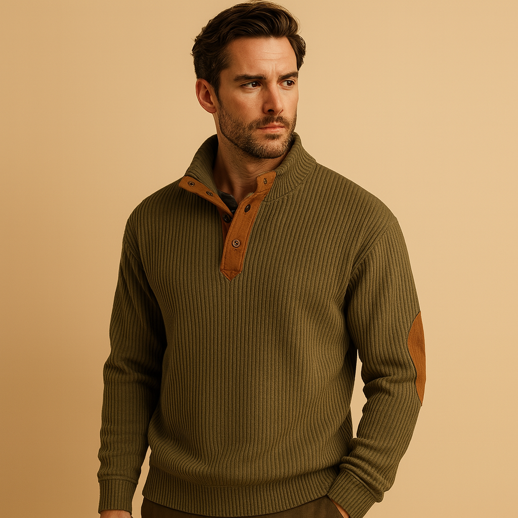 Sweter męski z prążkowanym splotem i kołnierzem zapinanym na guziki | Casualowy fason