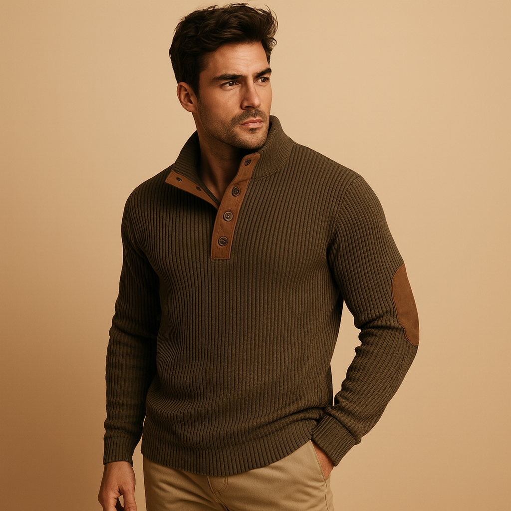 Sweter męski z prążkowanym splotem i kołnierzem zapinanym na guziki | Casualowy fason