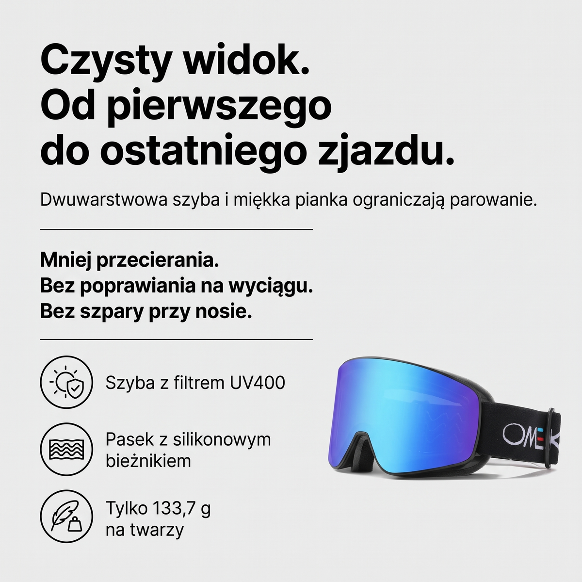Gogle narciarskie z dwuwarstwową szybą, filtrem UV400 i paskiem z silikonowym bieżnikiem
