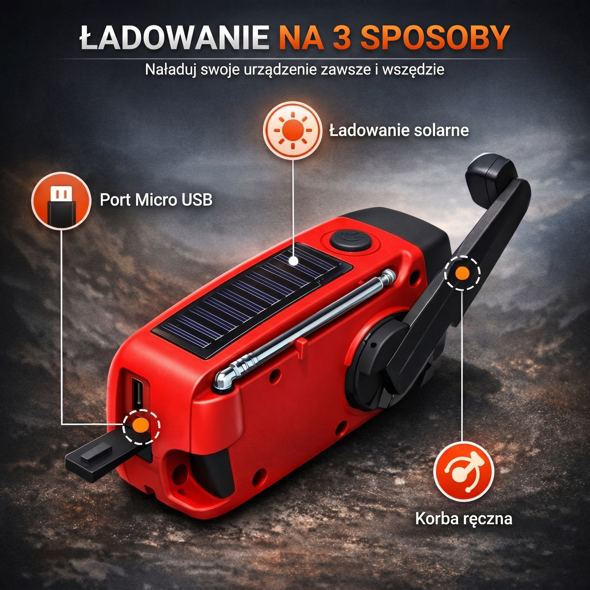 Radio awaryjne z korbką – solarne, AM/FM, latarka LED – survival i kemping