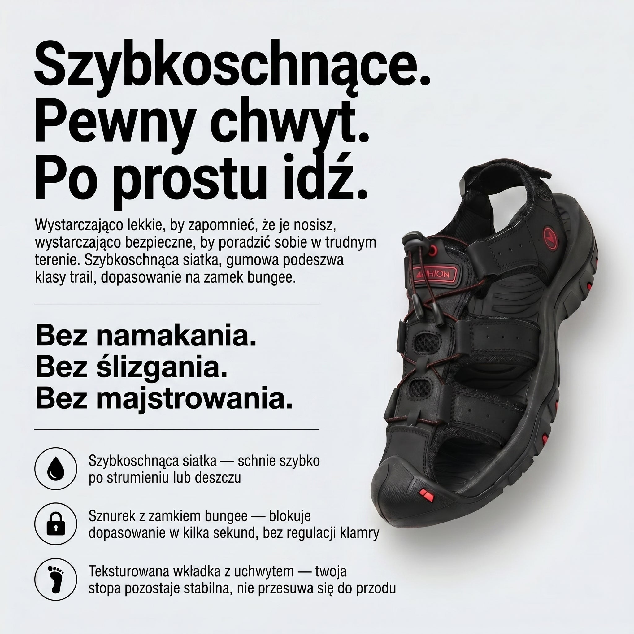 Sandały trekkingowe – szybkoschnące, antypoślizgowe – szlak i woda