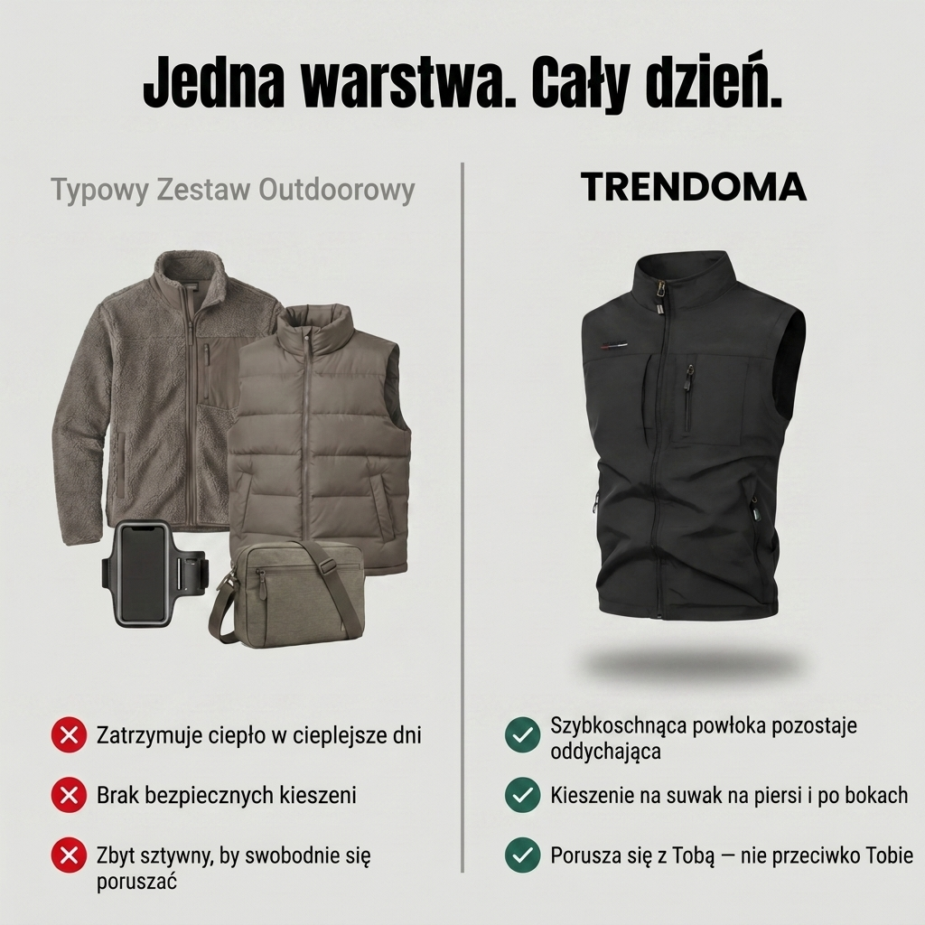 Lekka Wielokieszeniowa Kamizelka Outdoorowa – Szybkoschnąca Warstwa do Aktywnego Użytkowania