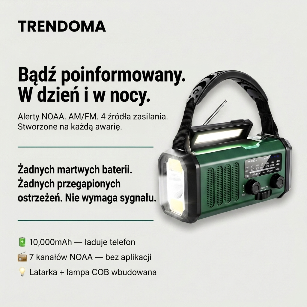 Radio awaryjne z panelem solarnym i korbką – powerbank 10 000 mAh