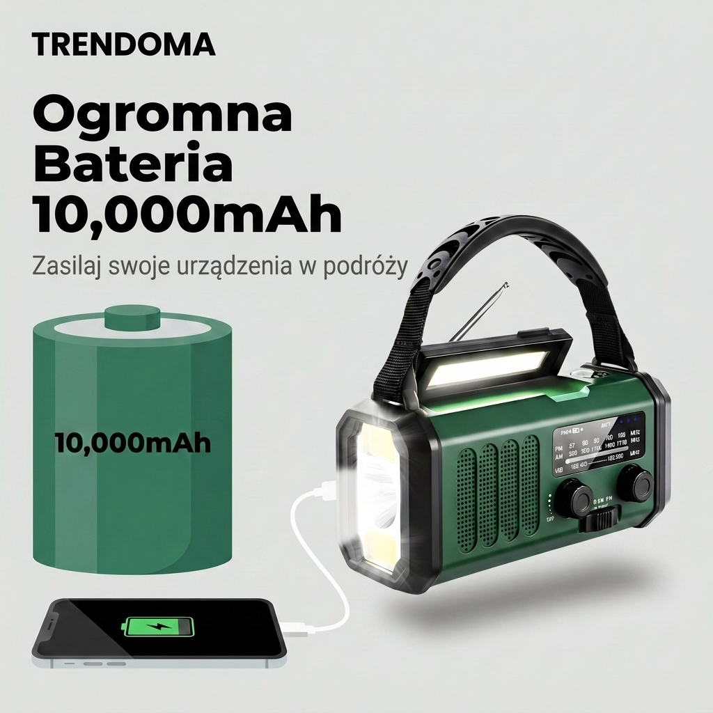 Radio awaryjne z panelem solarnym i korbką – powerbank 10 000 mAh