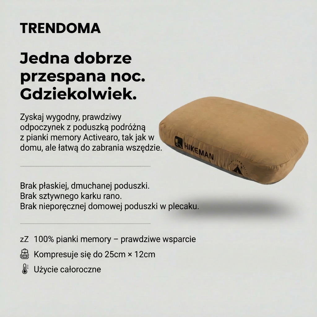 Przenośna Poduszka Kempingowa – Podróżna Poduszka z Pianki Memory Foam do Użytku Outdoorowego