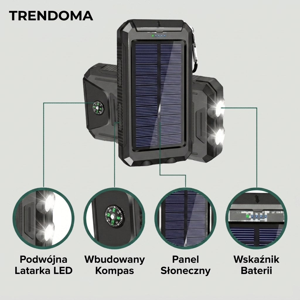 Solarny Powerbank 10000 mAh – Wodoodporne Zapasowe Zasilanie do Użytku Outdoorowego
