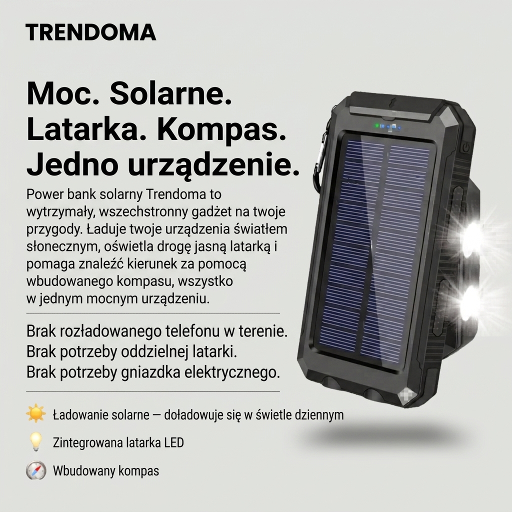 Solarny Powerbank 10000 mAh – Wodoodporne Zapasowe Zasilanie do Użytku Outdoorowego