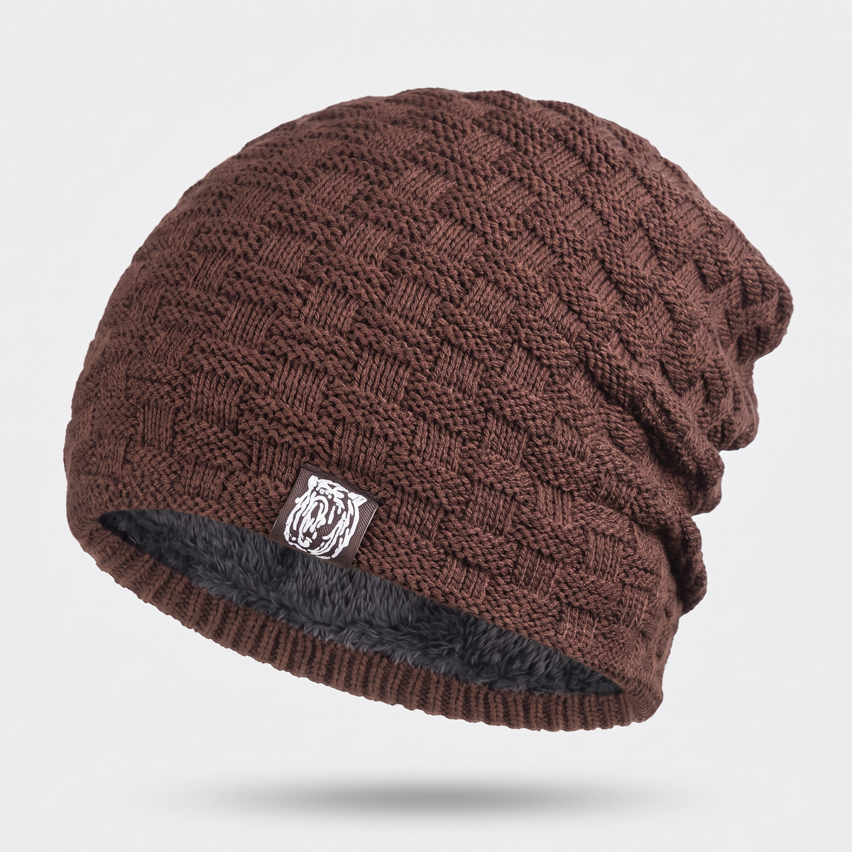 Czapka zimowa męska – beanie smerfetka z polarem - splot w kratkę