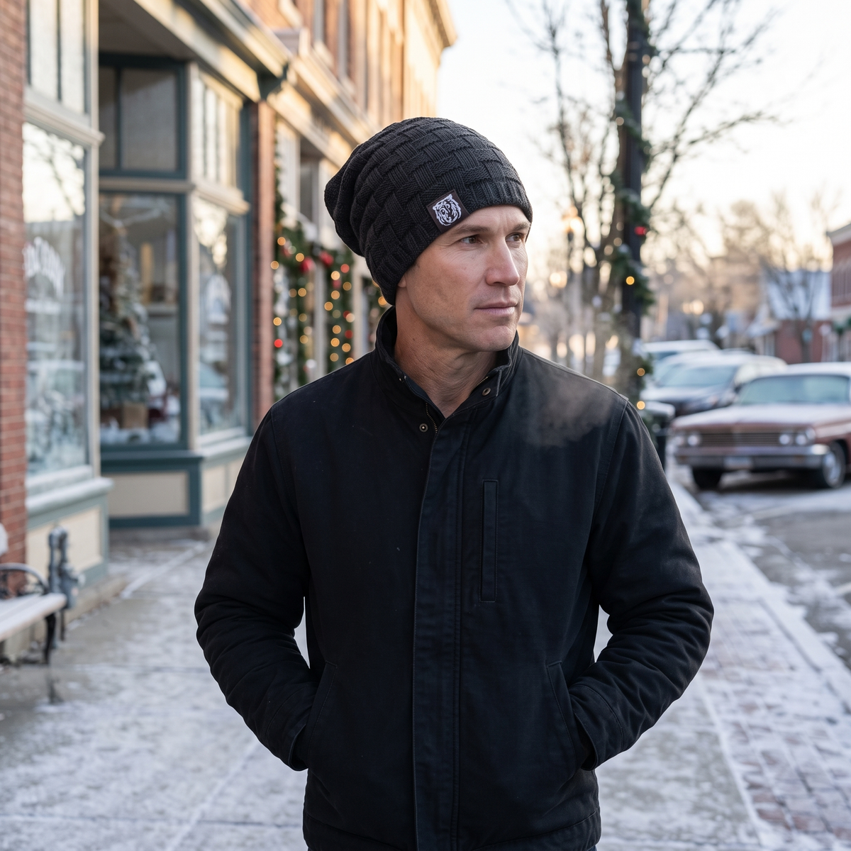 Czapka zimowa męska – beanie smerfetka z polarem - splot w kratkę