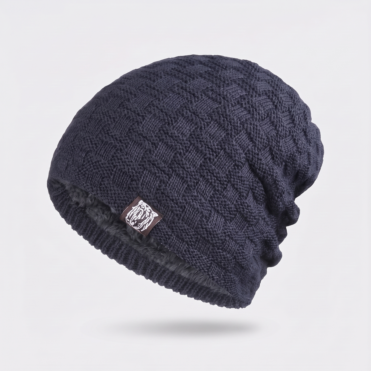 Czapka zimowa męska – beanie smerfetka z polarem - splot w kratkę