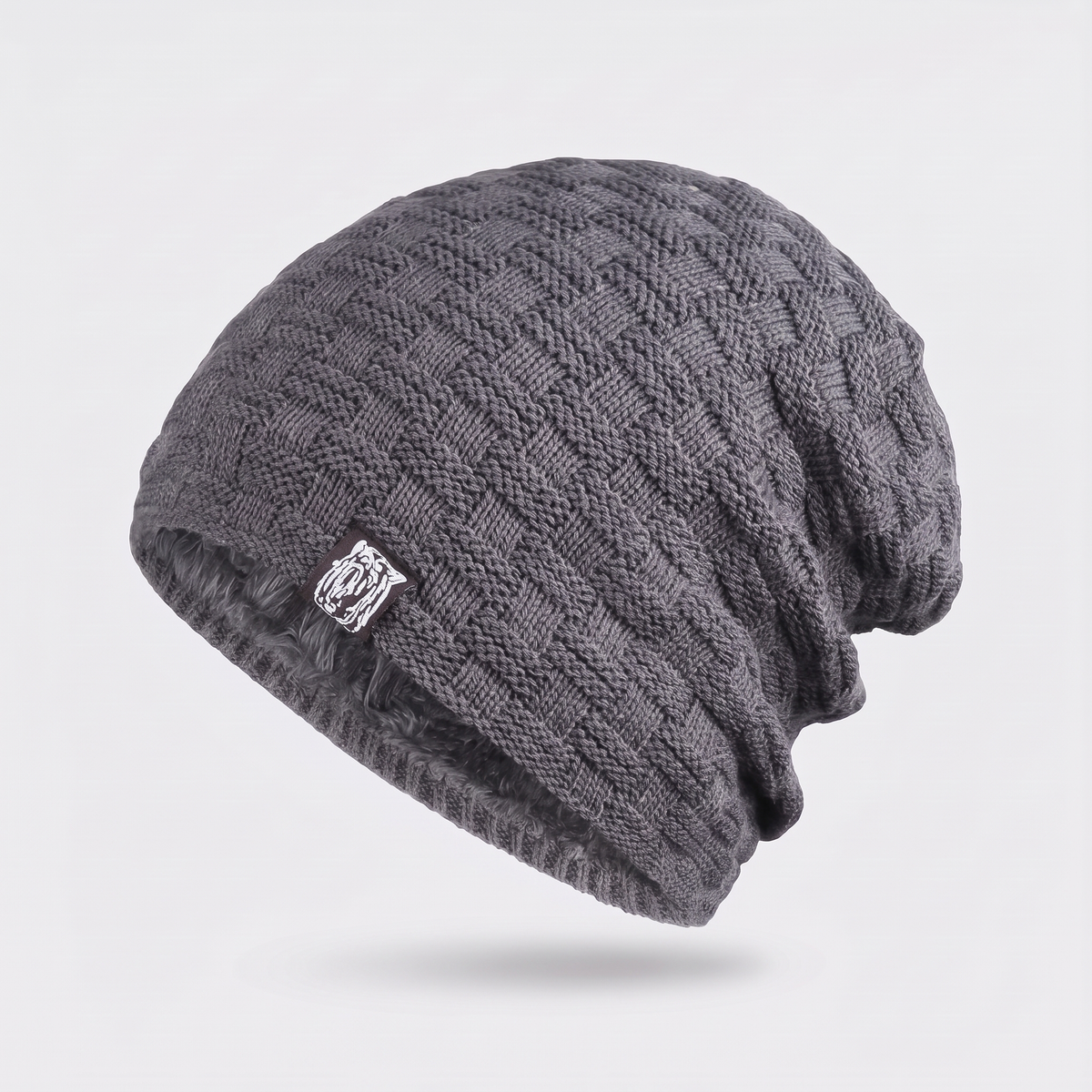 Czapka zimowa męska – beanie smerfetka z polarem - splot w kratkę