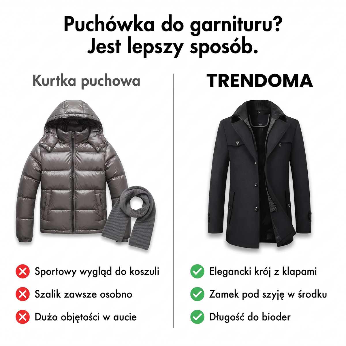 Płaszcz z klapami a kurtka puchowa do garnituru