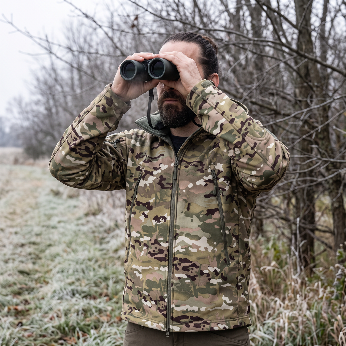 Kurtka softshell męska myśliwska – moro - z polarem - 8 kieszeni na zamek