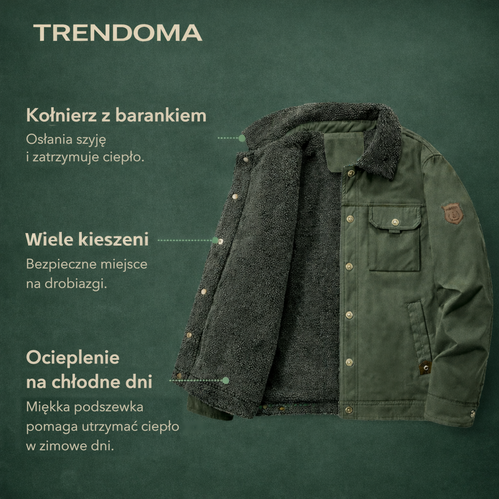 Ocieplana kurtka męska – kołnierz z barankiem, wiele kieszeni, ciepła podszewka
