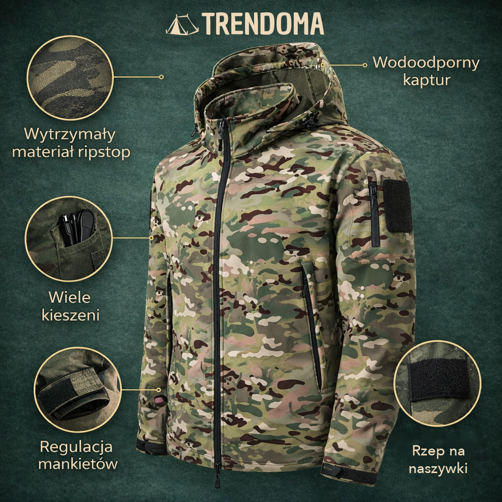 Kurtka softshell moro – wodoodporny kaptur, materiał ripstop, wiele kieszeni, rzep na naszywki