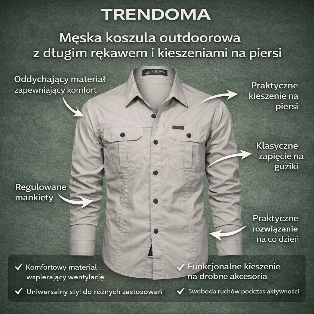 Męska koszula outdoorowa z długim rękawem i kieszeniami na piersi – najważniejsze cechy
