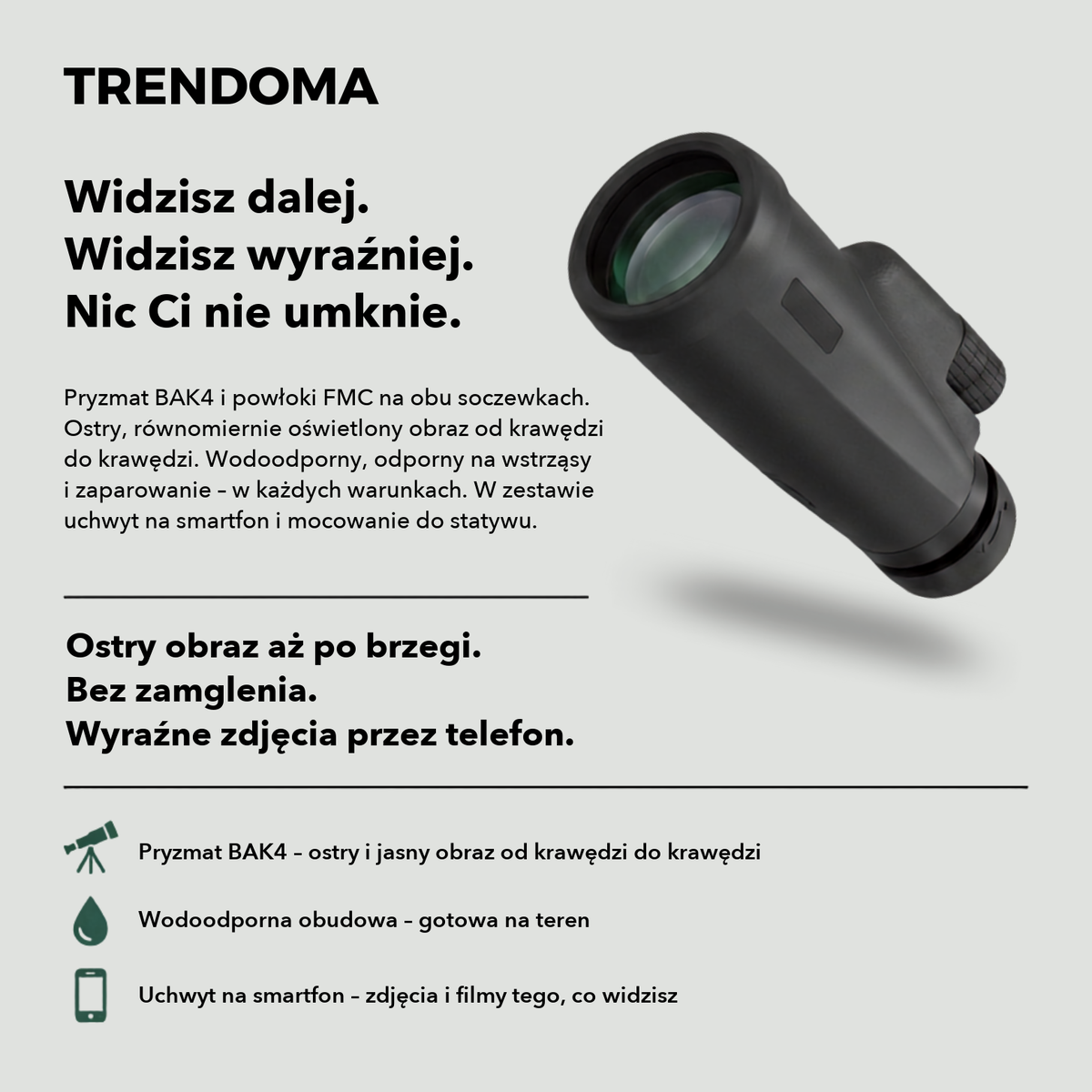 Monokular 12x50 z pryzmatem BAK4 – wodoodporna obudowa i uchwyt na smartfon