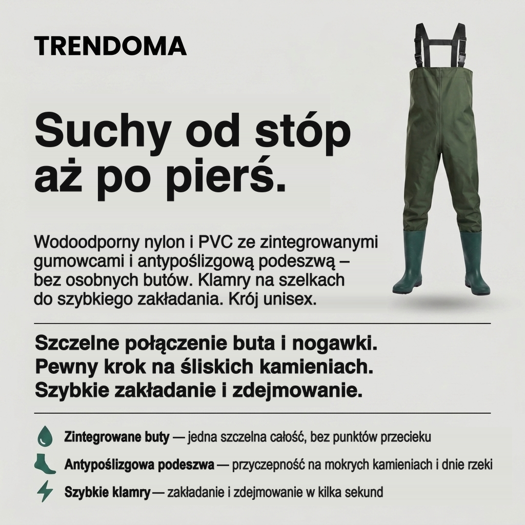 Spodniobuty wędkarskie ze zintegrowanymi butami – wodoodporny nylon i PVC, antypoślizgowa podeszwa, szybkie klamry