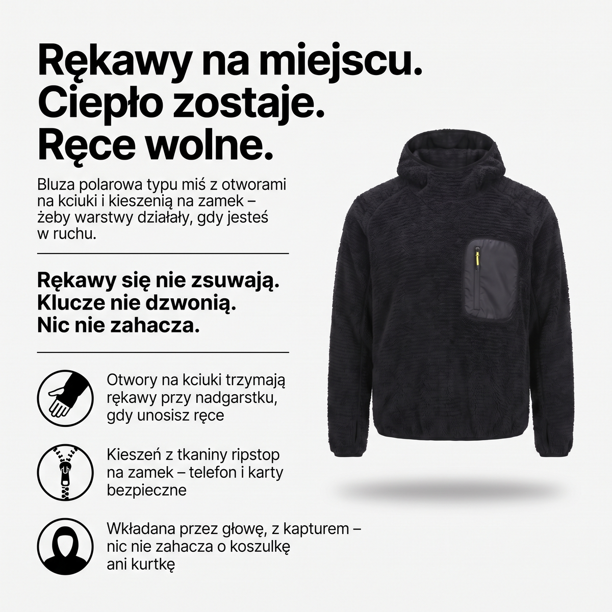 Bluza polarowa z kapturem typu miś – otwory na kciuki, kieszeń ripstop na zamek