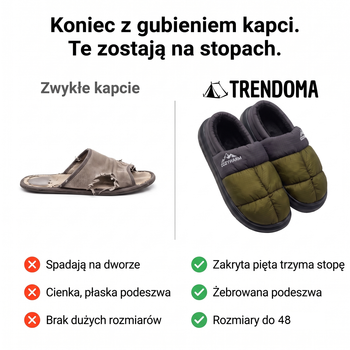 Porównanie: zwykłe kapcie a kapcie kempingowe z zakrytą piętą, rozmiary do 48