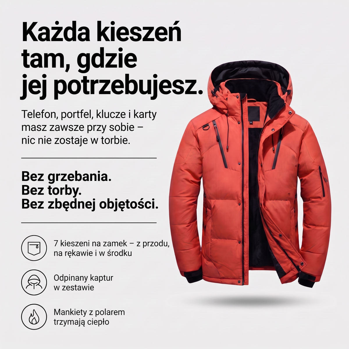 Kurtka zimowa męska puchowa – 7 kieszeni na zamek, odpinany kaptur, mankiety z polarem