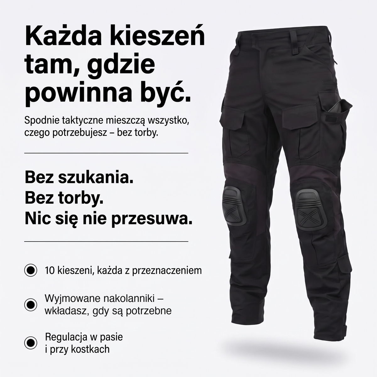 Spodnie taktyczne męskie – 10 kieszeni, wyjmowane nakolanniki, regulacja