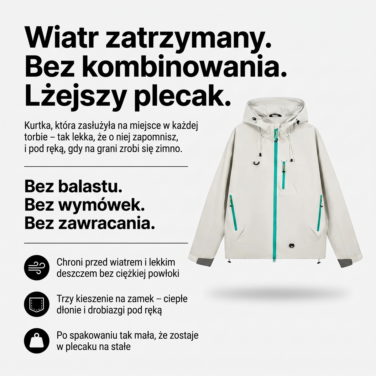 Kurtka przeciwdeszczowa damska z kapturem – wiatroszczelna, trzy kieszenie na zamek