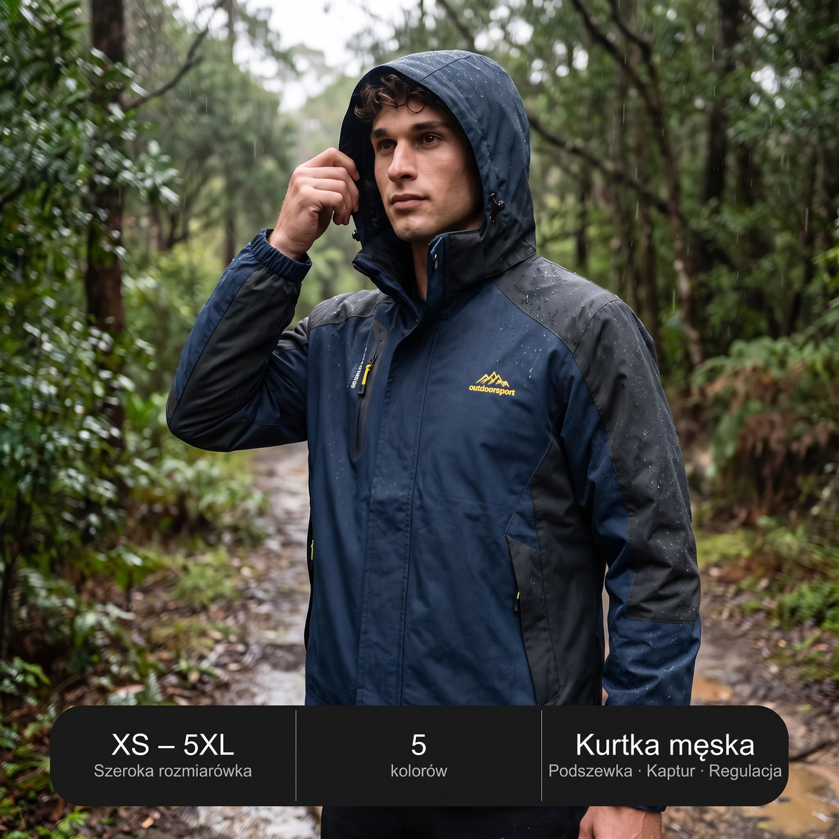 Kurtka przeciwdeszczowa męska z kapturem w deszczu – rozmiary XS–5XL, 5 kolorów