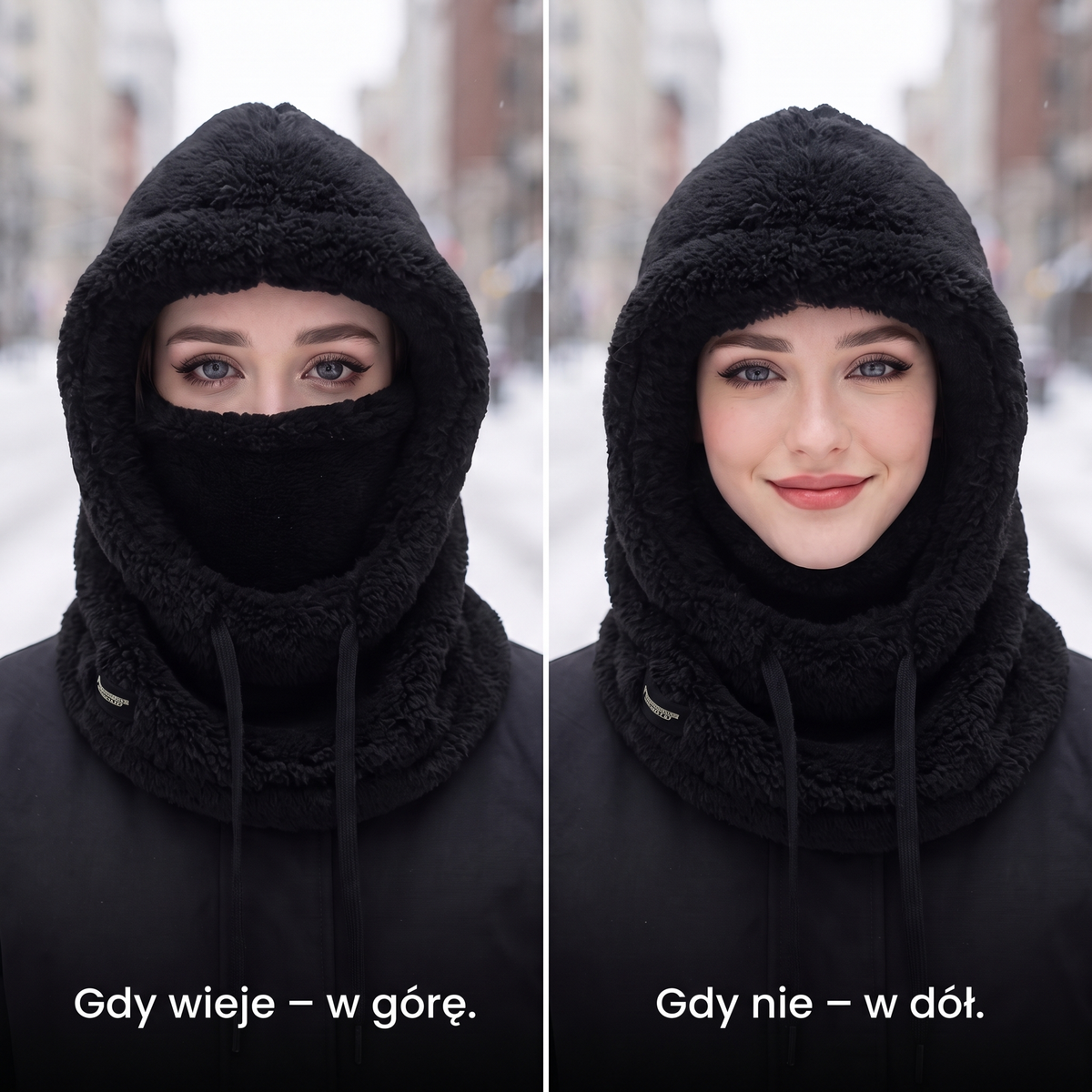 Kominiarka z kapturem – osłona twarzy w górę przy wietrze i w dół, gdy nie wieje