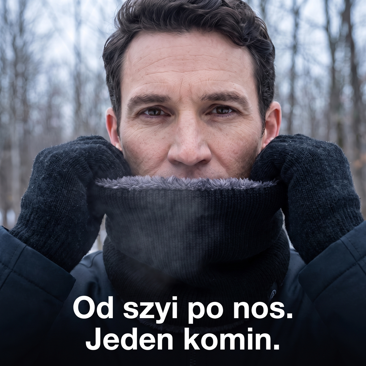 Komin zimowy z polarem naciągnięty na brodę i dolną część twarzy