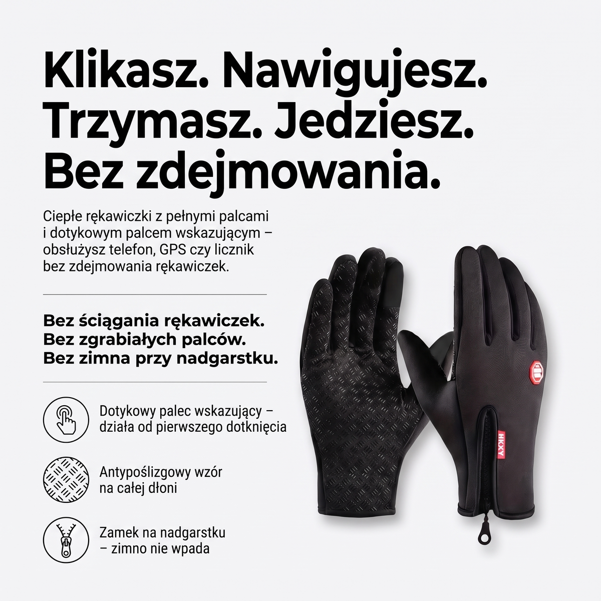 Rękawiczki zimowe męskie dotykowe – antypoślizgowa dłoń i zamek na nadgarstku