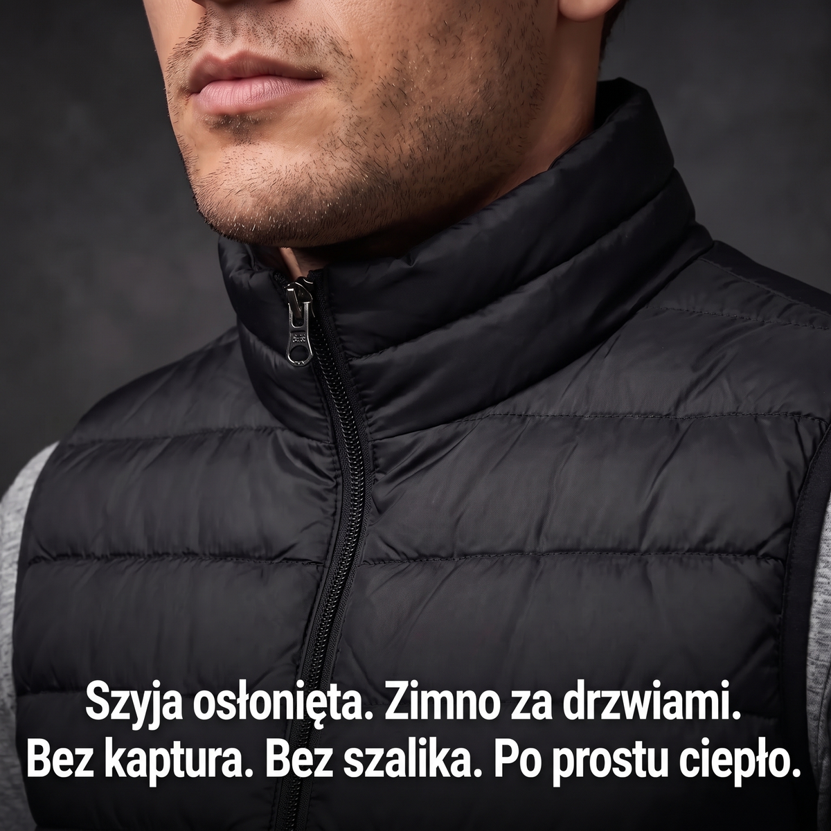 Bezrękawnik męski ocieplany – stójka zapinana pod brodę, zbliżenie