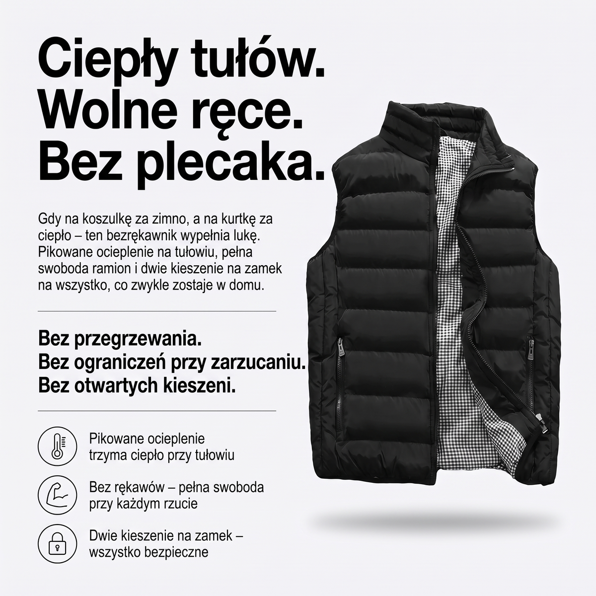Bezrękawnik męski pikowany z podszewką w kratkę – ciepły tułów, wolne ręce