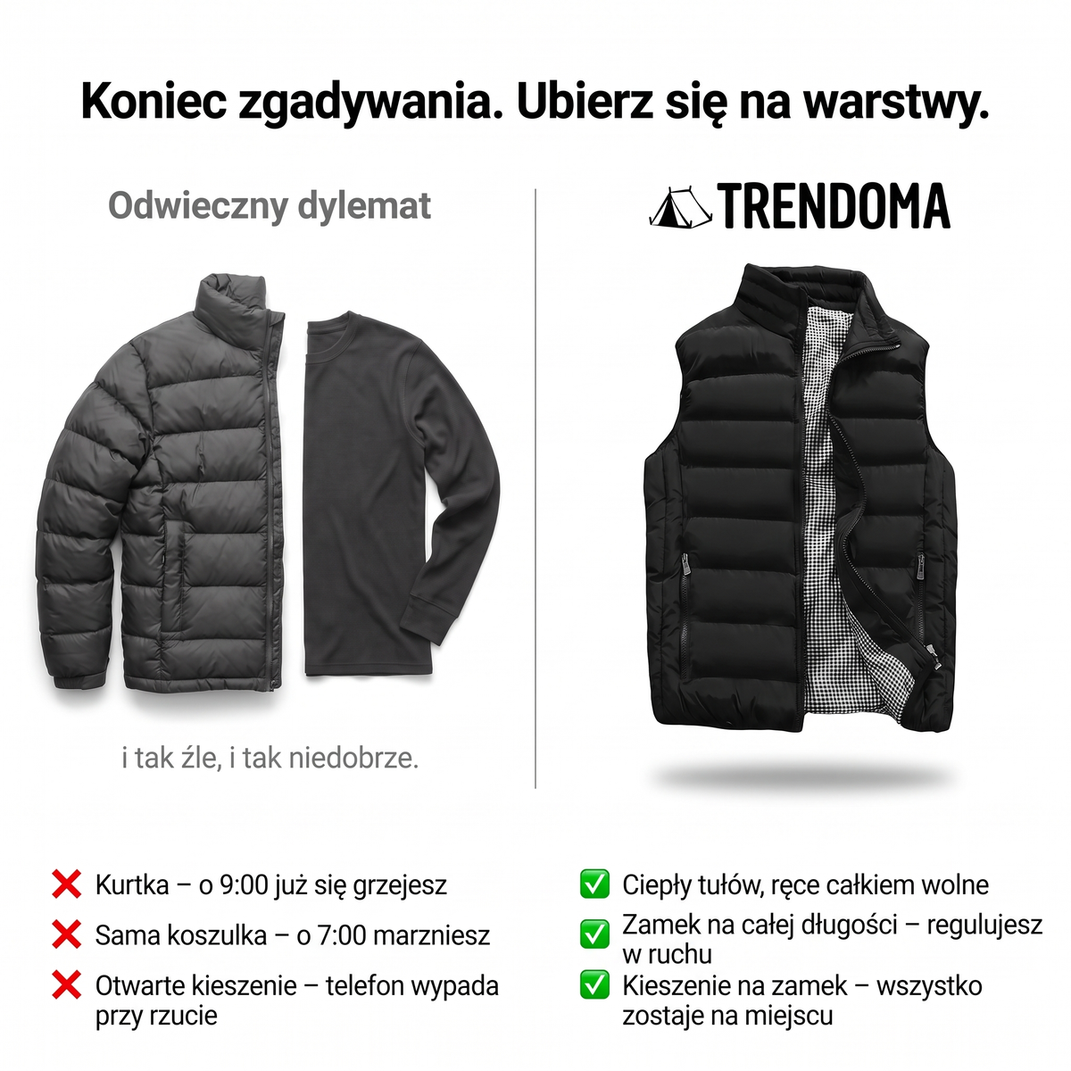 Bezrękawnik męski pikowany vs kurtka i koszulka – porównanie