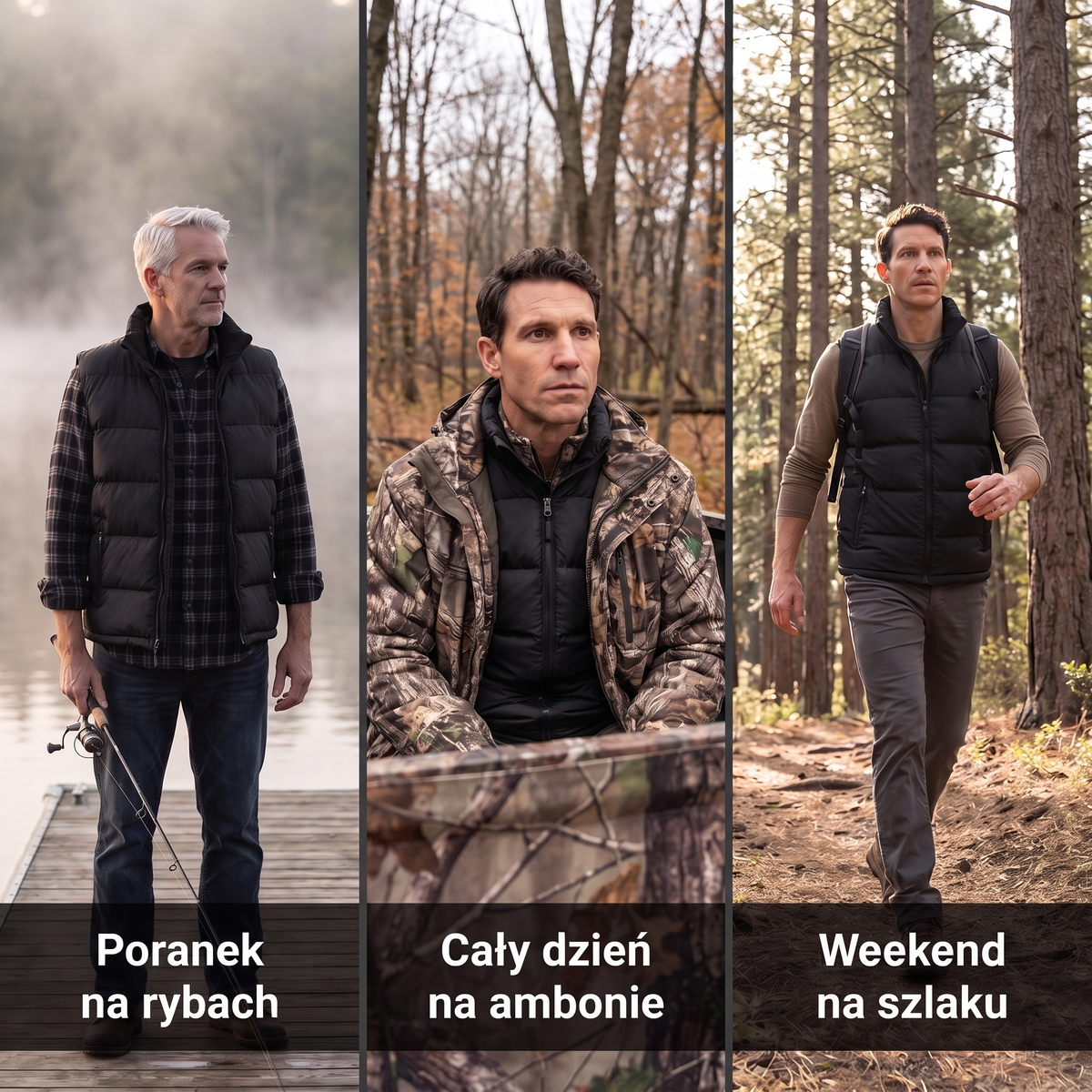 Bezrękawnik męski pikowany na ryby, na polowanie i na szlak