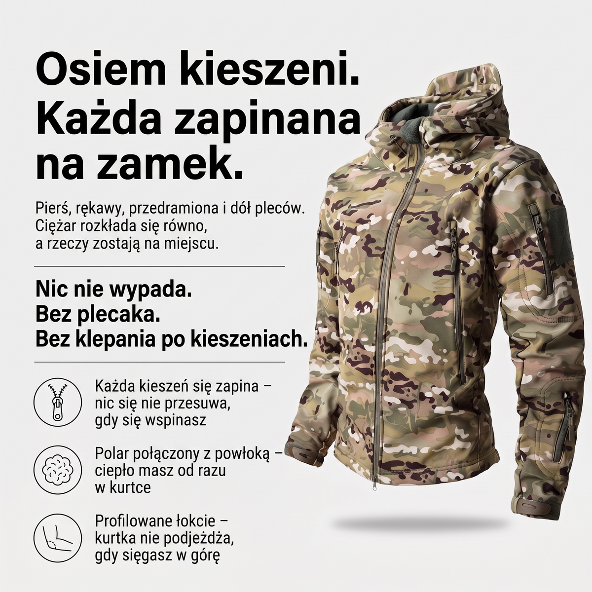 Kurtka softshell moro męska – osiem kieszeni na zamek, polar w środku
