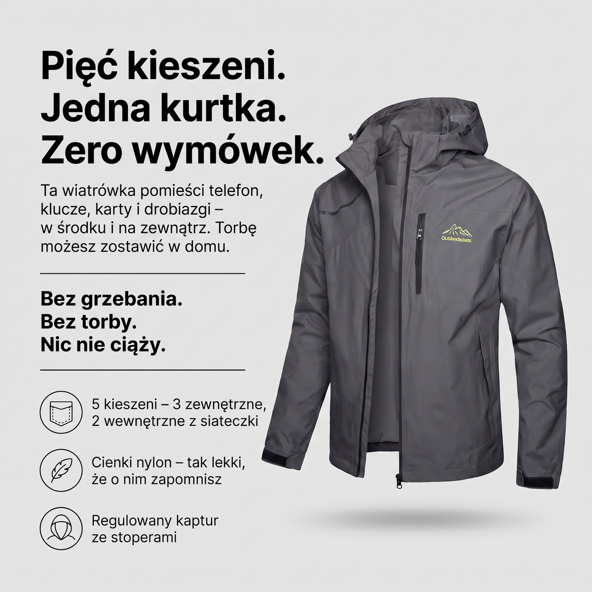 Wiatrówka męska z kapturem – pięć kieszeni, lekki nylon, regulowany kaptur