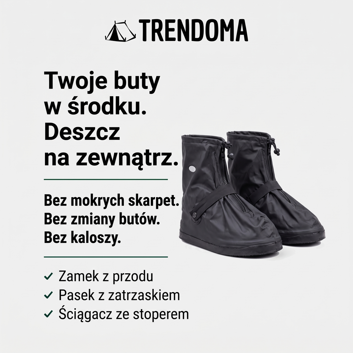 Ochraniacze na buty przeciwdeszczowe – zamek z przodu, pasek z zatrzaskiem, ściągacz