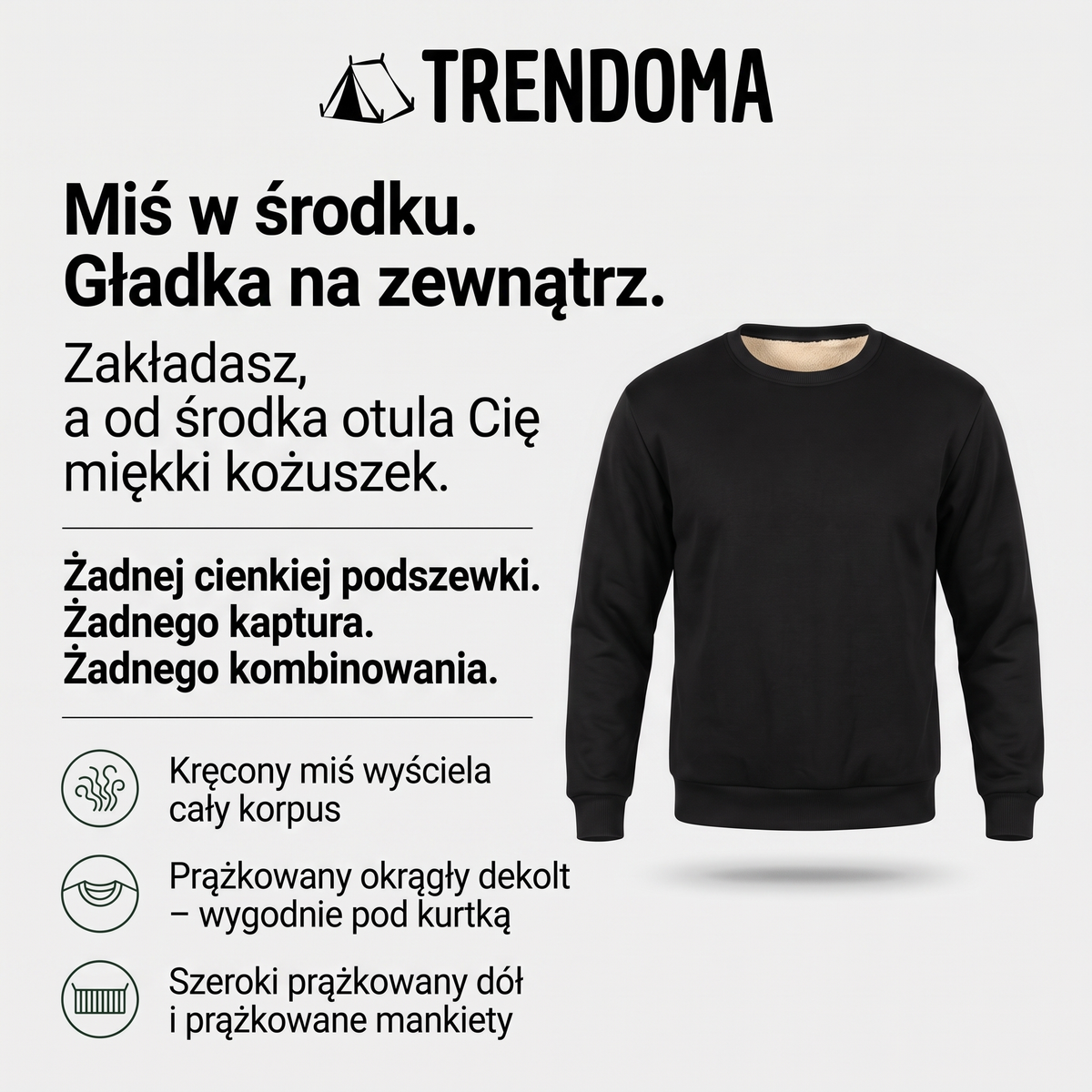 Bluza męska bez kaptura ocieplana misiem – prążkowany dekolt, mankiety i dół