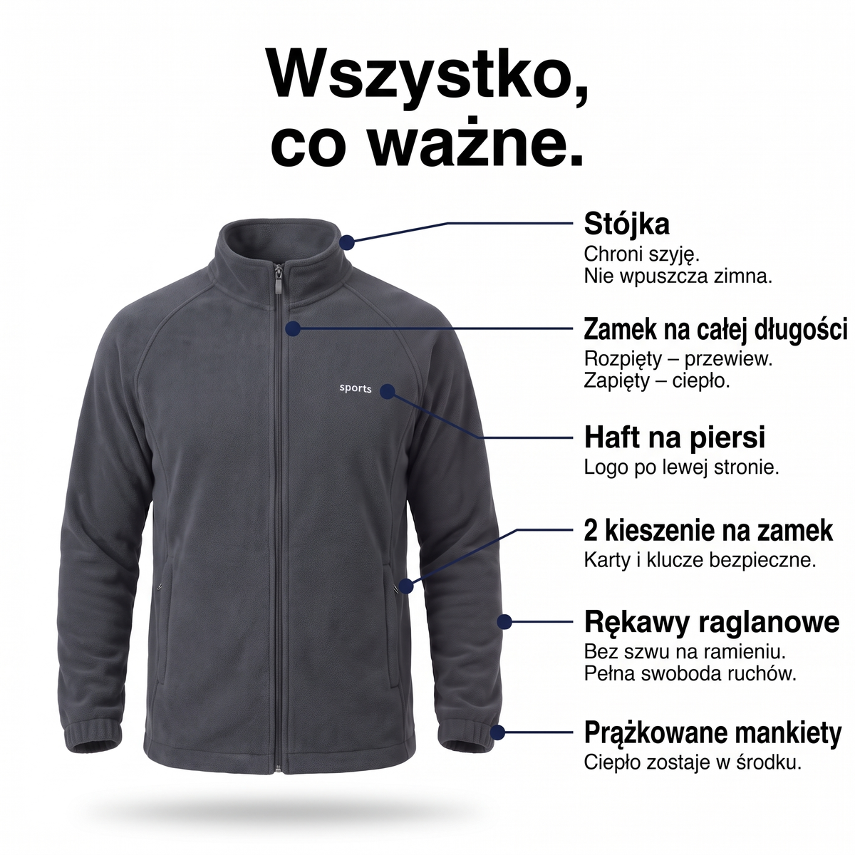 Polar męski rozpinany ze stójką – stójka, zamek, rękawy raglanowe, kieszenie na zamek