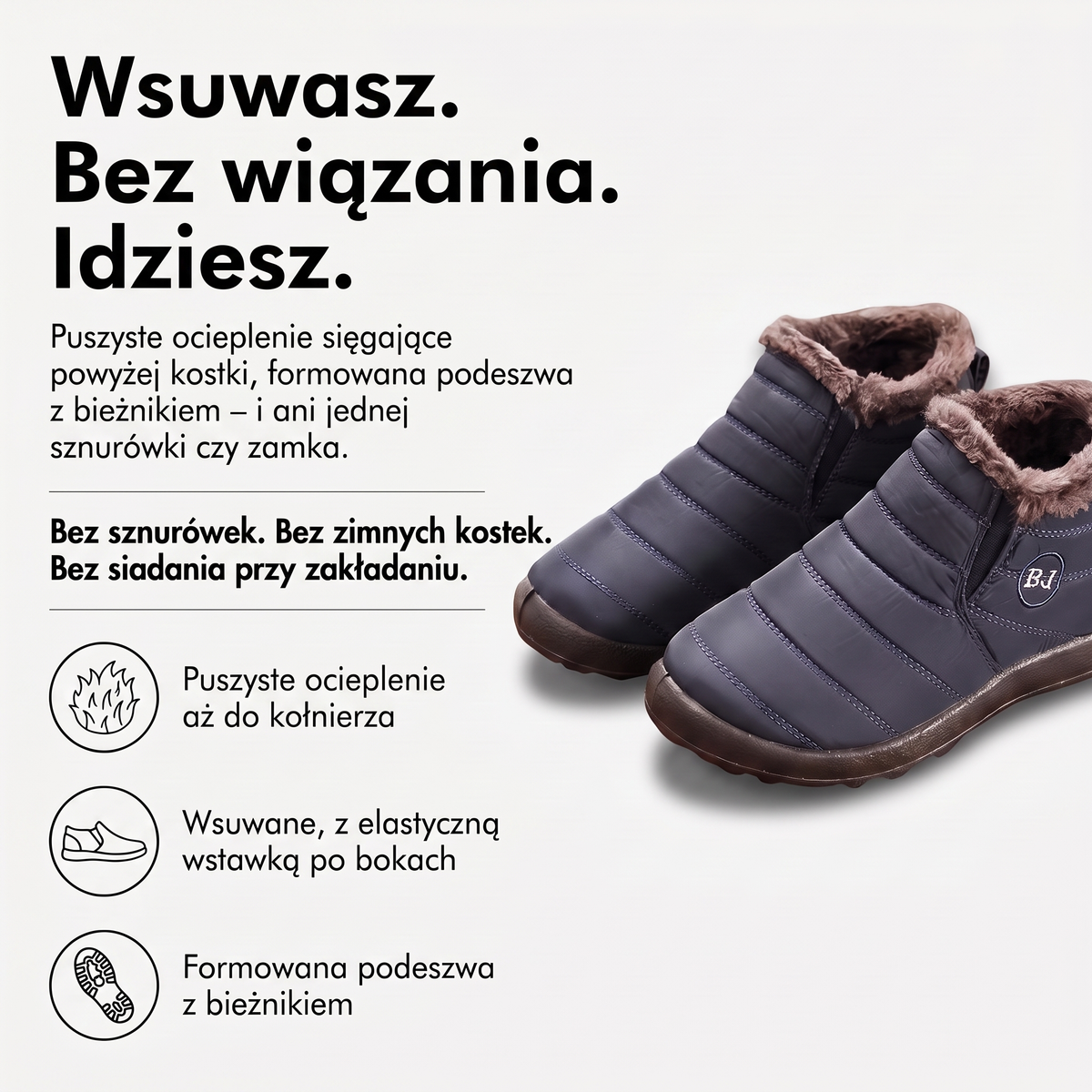 Śniegowce damskie wsuwane – puszyste ocieplenie, elastyczna wstawka, podeszwa z bieżnikiem