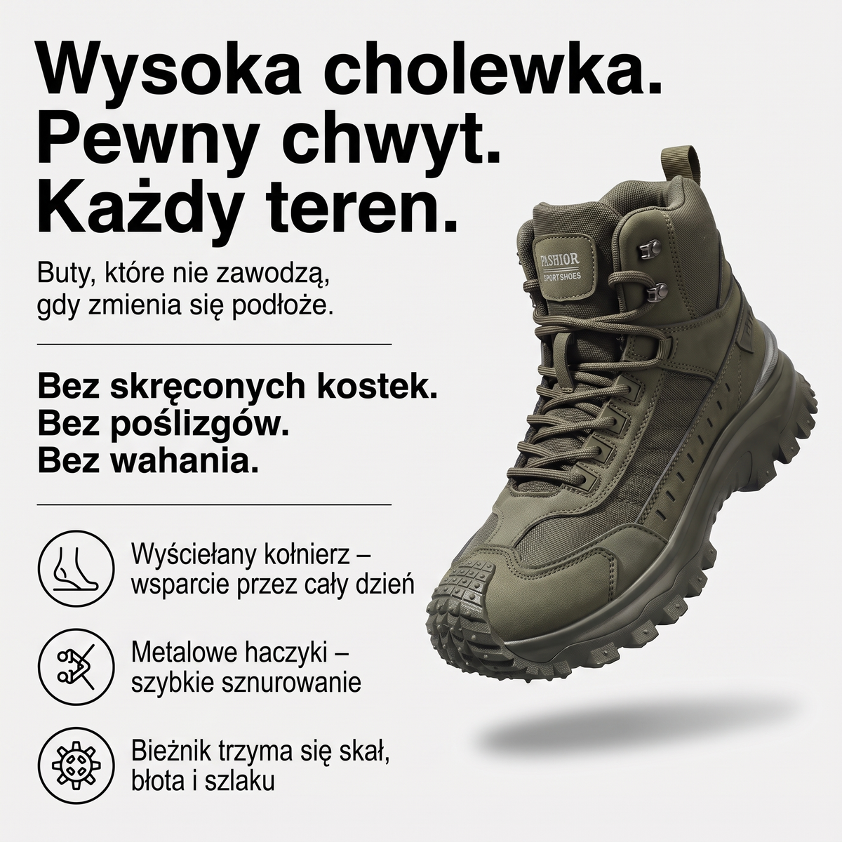Buty taktyczne męskie wysokie – wyściełany kołnierz, metalowe haczyki, bieżnik