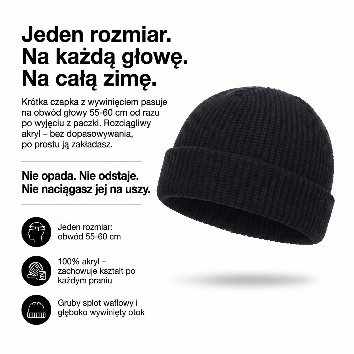 Czapka beanie męska krótka – jeden rozmiar 55-60 cm, 100% akryl, splot waflowy