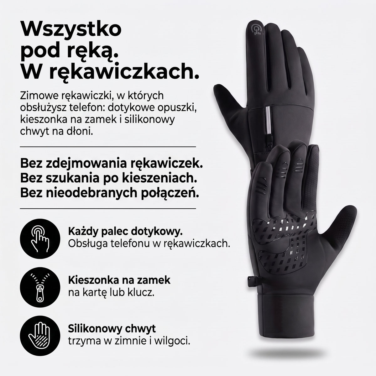 Rękawiczki rowerowe zimowe dotykowe – kieszonka na zamek i silikonowy chwyt