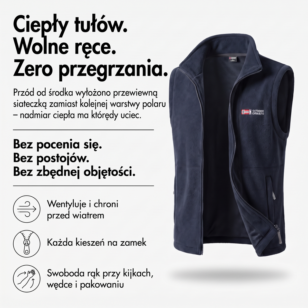 Kamizelka polarowa męska ze stójką – przewiewna siateczka, kieszenie na zamek