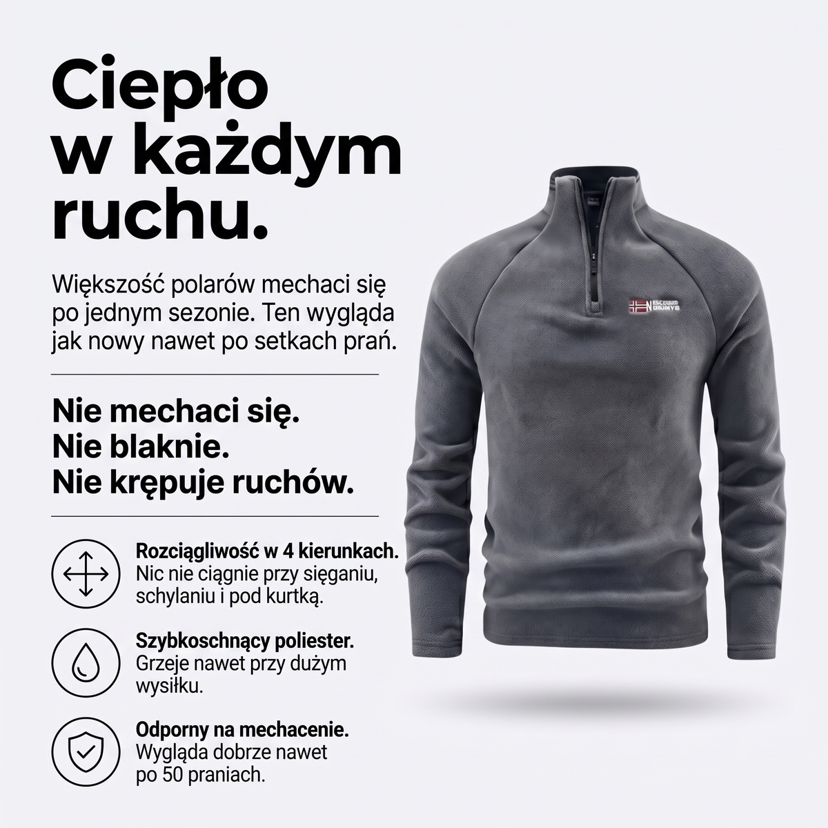 Polar męski half zip – odporny na mechacenie, szybkoschnący, rozciągliwy
