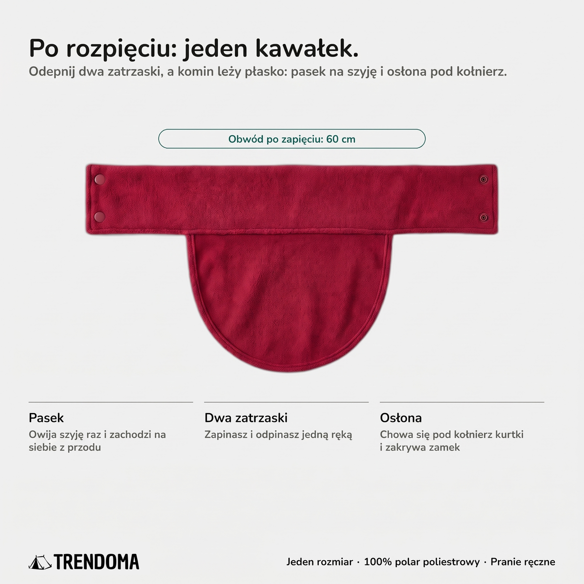 Komin polarowy po rozpięciu – pasek, dwa zatrzaski i osłona, obwód 60 cm